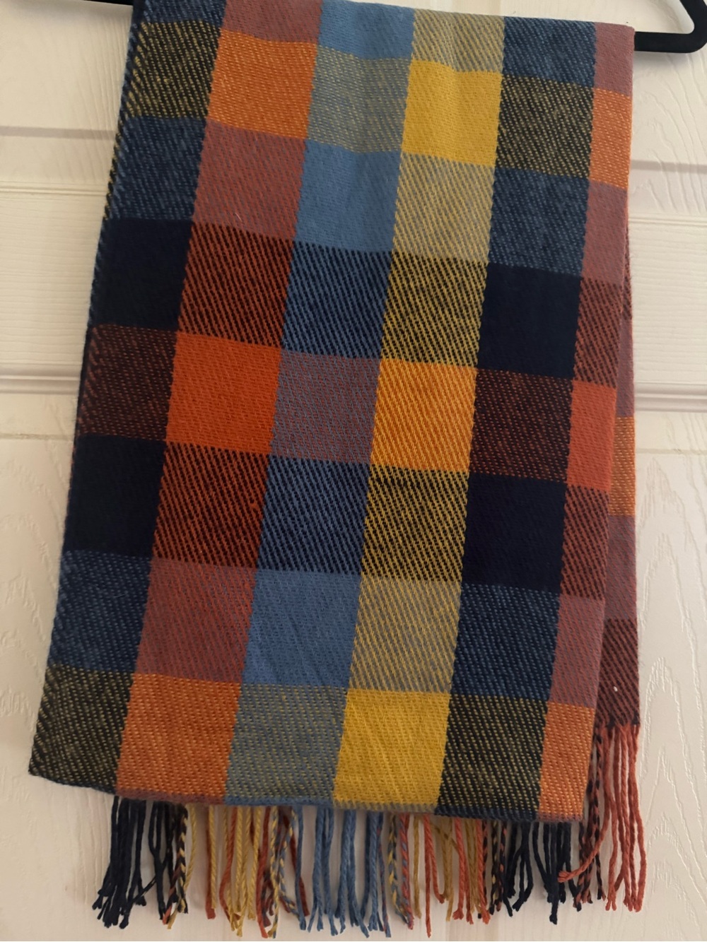 NWOT Multicolor Plaid Fringe Scarf - Navy, Orange, Yellow, Blue, Fall Scarf
